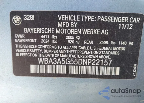 2013 BMW 328I z USA, uszkodzony, nr VIN WBA3A5G55DNP22157